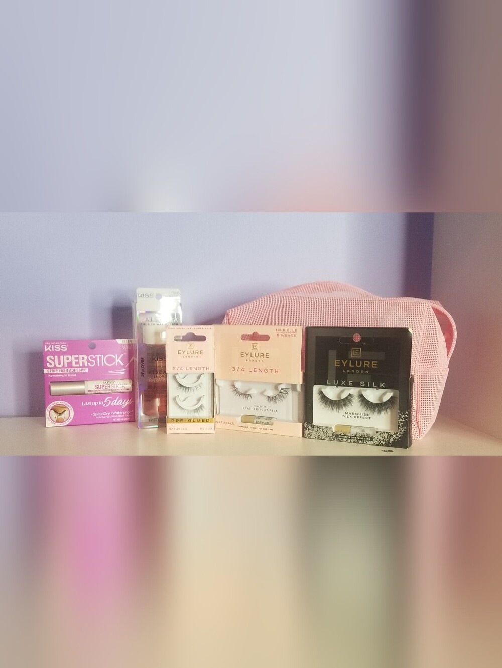 Kiss SuperStick Strip Lash & Glue Bundle with Super Cute FREE PINK MESH BAG!